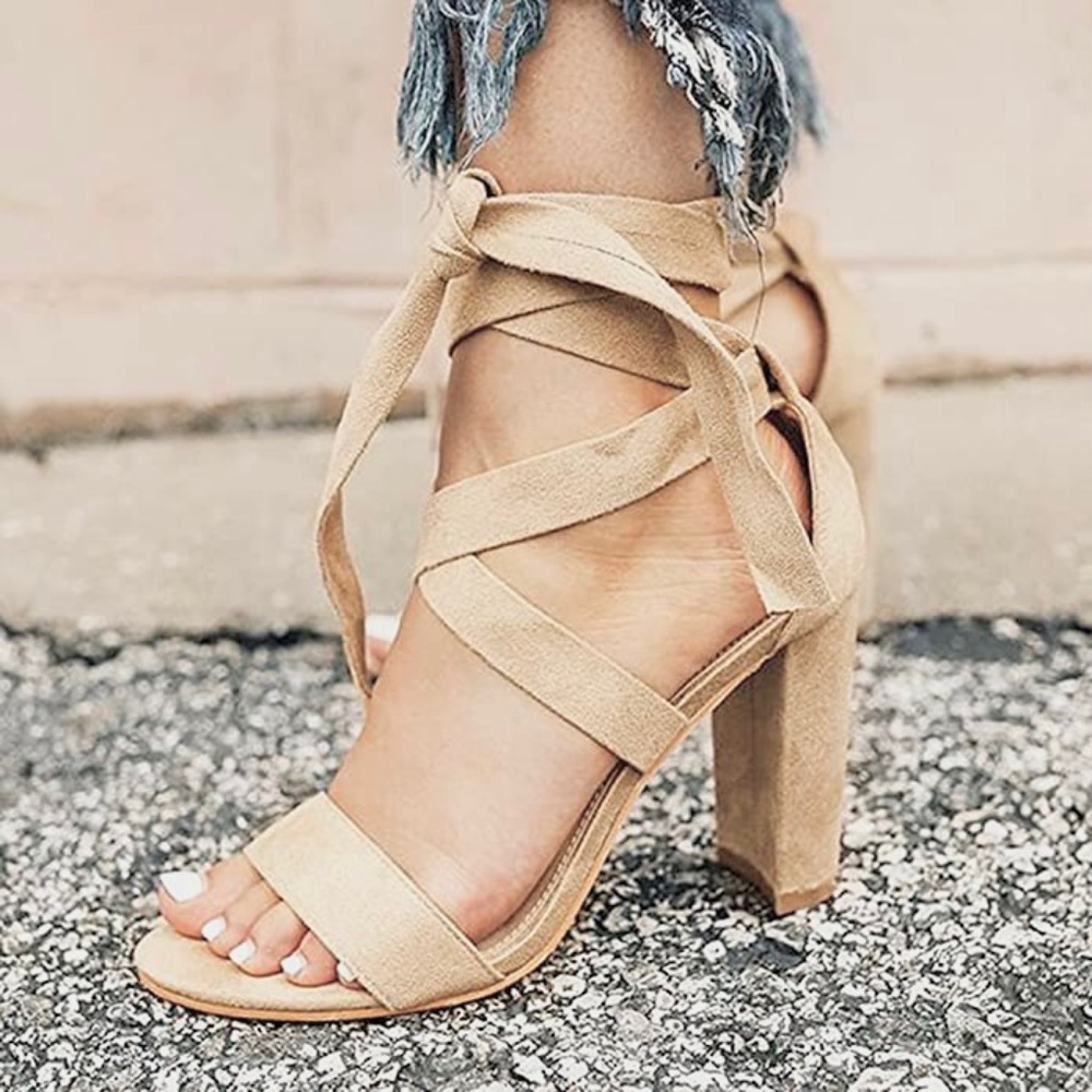 Beige Nude Chunky Ankle Strappy Sandal Lace Up High Block Heels Open Toe Pump 10